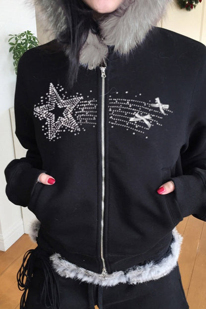 Vintage Star Print Fur Collar Hoodie