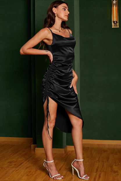 Asymmetrical Hemwith Side Drawstring Silk Dress