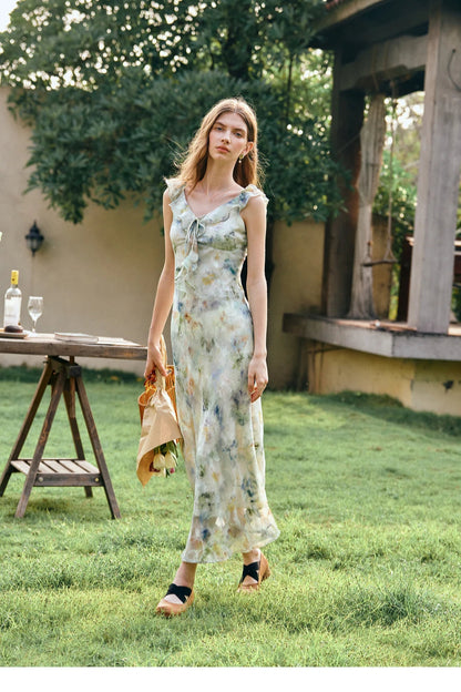 Leaf Edge V-neck Ruffle Vacation Floral Dress