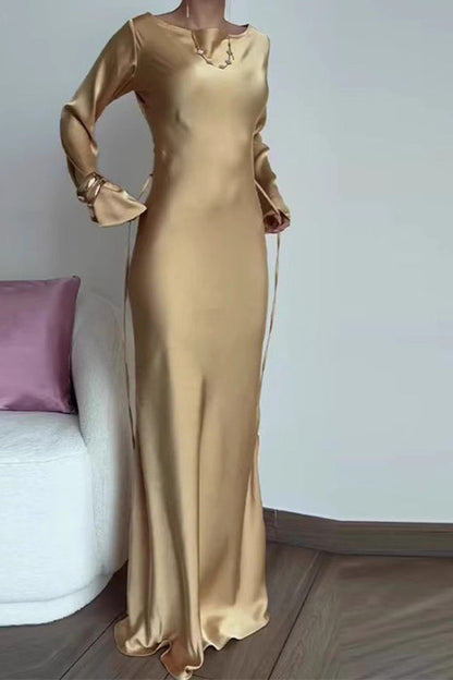 Round Neck Long Sleeve Tie-Waist Silk Dress