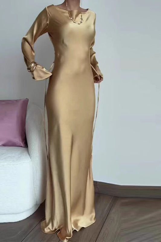 Round Neck Long Sleeve Tie-Waist Silk Dress