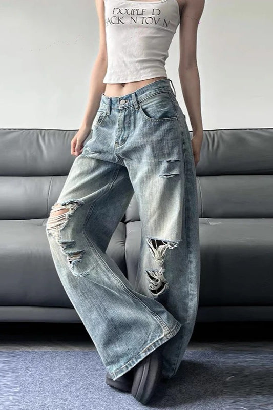 High Waist Ripped Wide-Leg Jeans