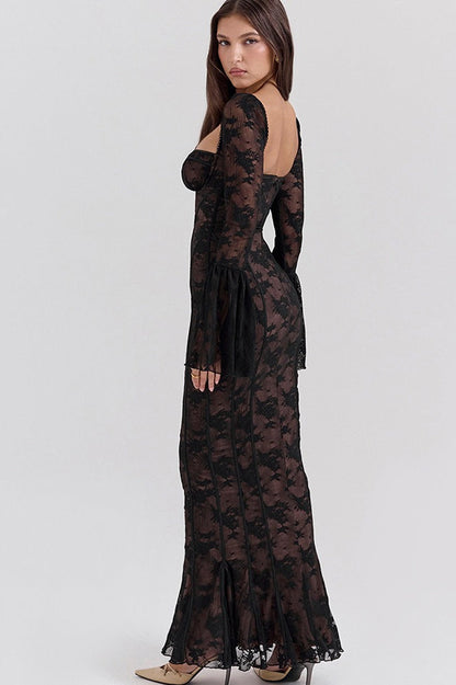 Bodycon Lace Flare Sleeve Maxi Dress
