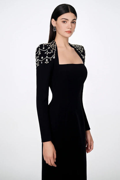 Elegant Square Neck Rhinestone Long Sleeve Bandage Cocktail Dress
