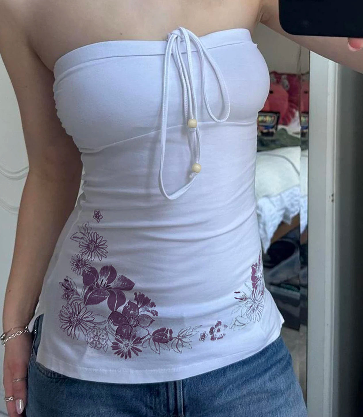 Bow Solid Camisole Floral Print Strapless