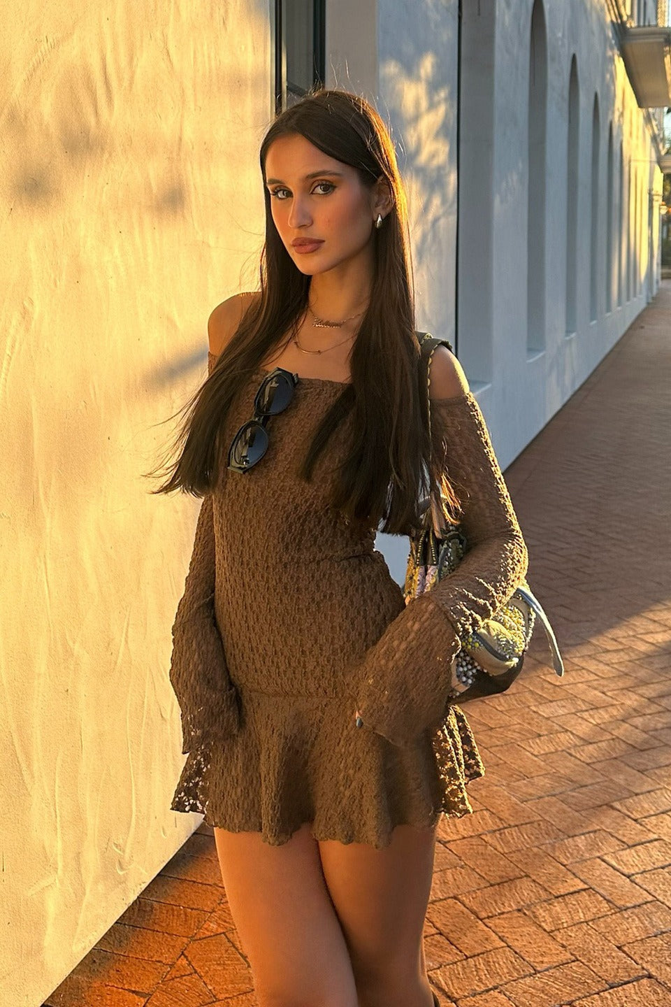 Hollow Out Off Shoulder Pleated Lace Dress