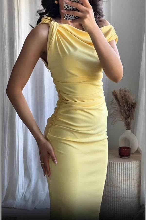 Sexy Asymmetrical Shoulder Ruched Sleeveless Bodycon Formal Dress