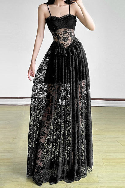 Sleeveless Ruffled Waist Maxi Lace Dress