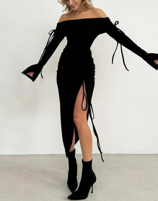 Off Shoulder Flare Sleeve Midi Dress