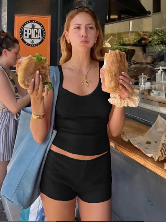 Bow Applique Casual Tank Top Two Piece Shorts Set