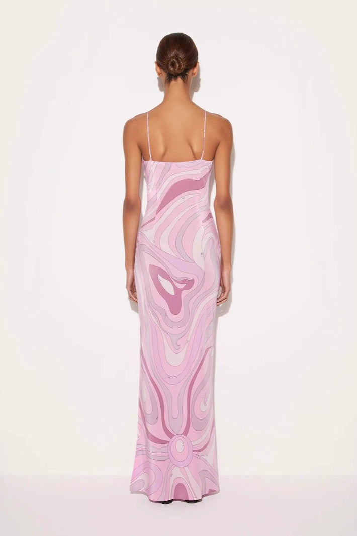 Sexy Printed Satin Cami Slit Silk Dress