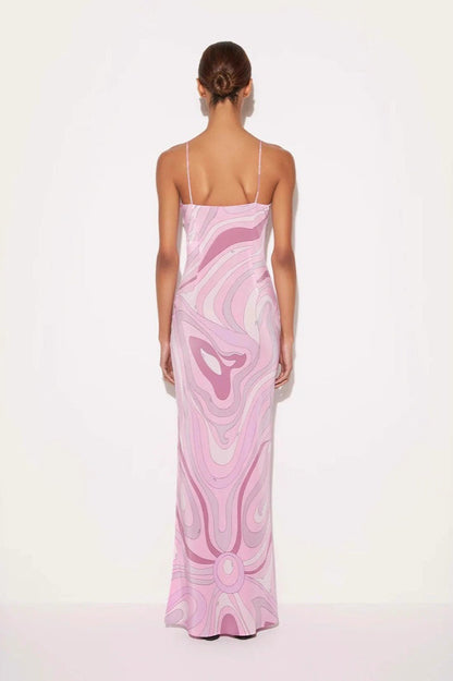 Sexy Printed Satin Cami Slit Silk Dress