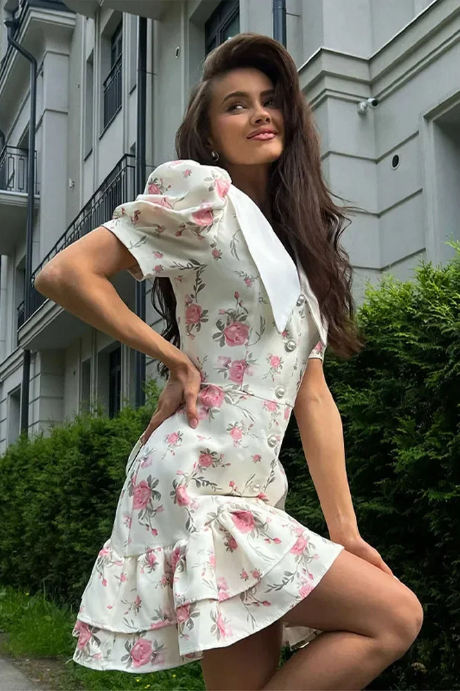 Lapel Short Sleeve Mini Floral Dress