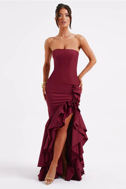 Elegant Strapless Slit Backless Bodycon Cocktail Dress