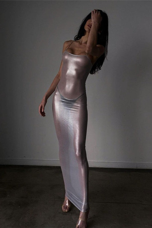 Sheer Metallic Slip Dress
