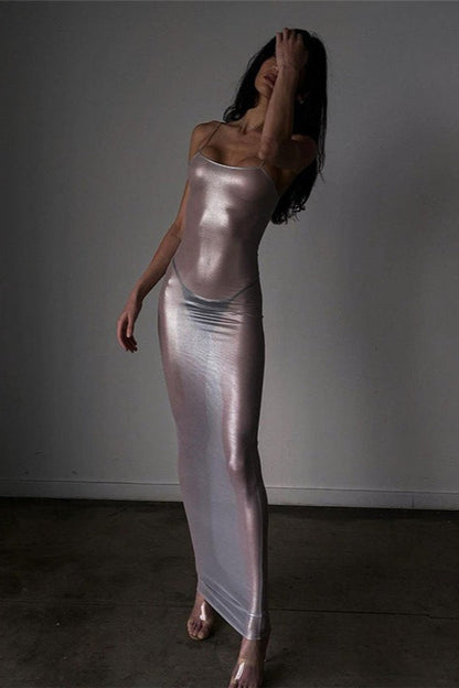 Sheer Metallic Slip Dress