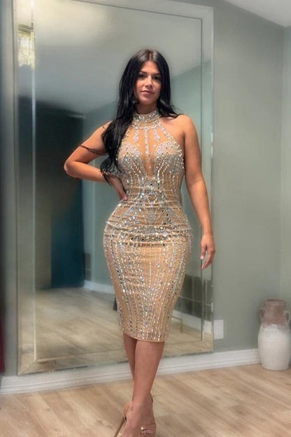 Backless Sleeveless Rhinestone Mesh Milk Silk Cocktail Dress