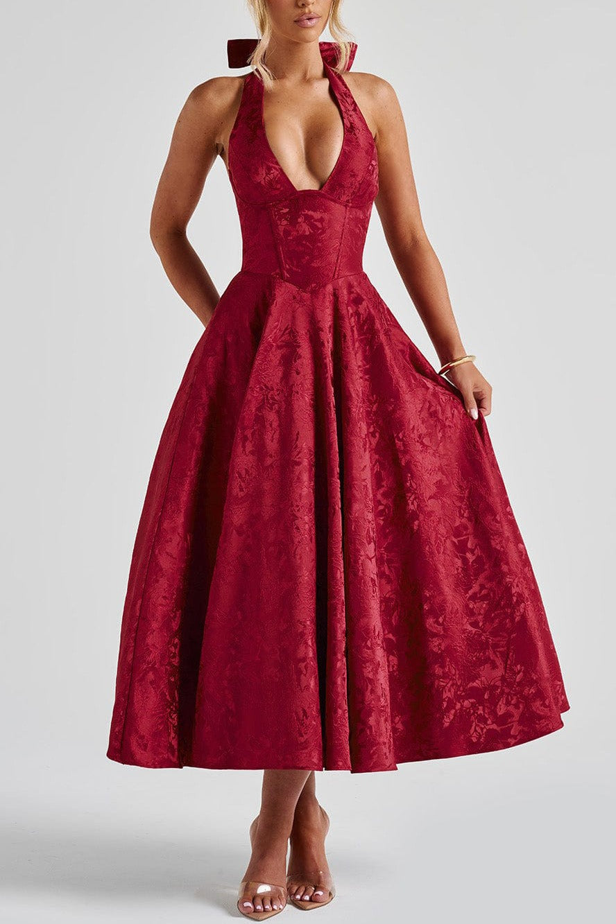 Elegant V Neck Halter Jacquard Sleeveless Backless Formal Dress