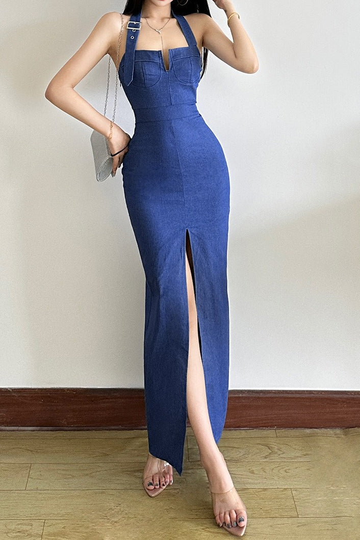 Halter Split Maxi Denim Dress