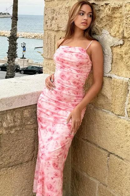 Ruched Spaghetti Strap Floral Dress