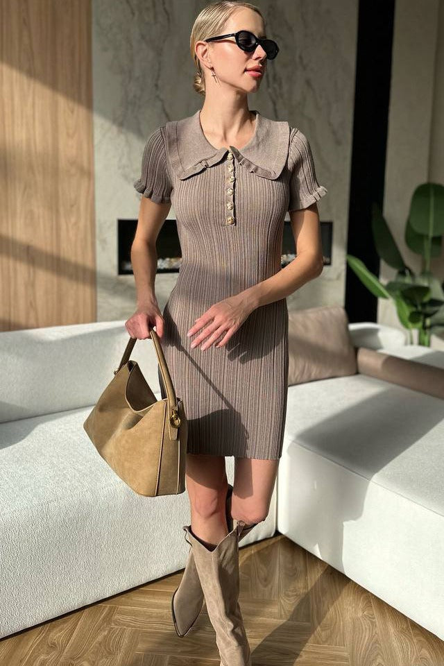 Fitted Peter Pan Collar Short-Sleeve Cable-Knit Sweater Dress