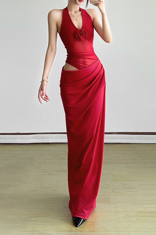 Sheer V-Neck Halter Party Dress