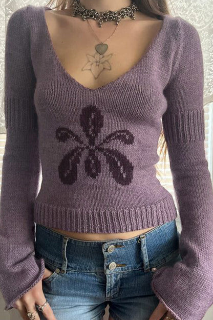 Relaxed Fit V-Neck Floral Sweater