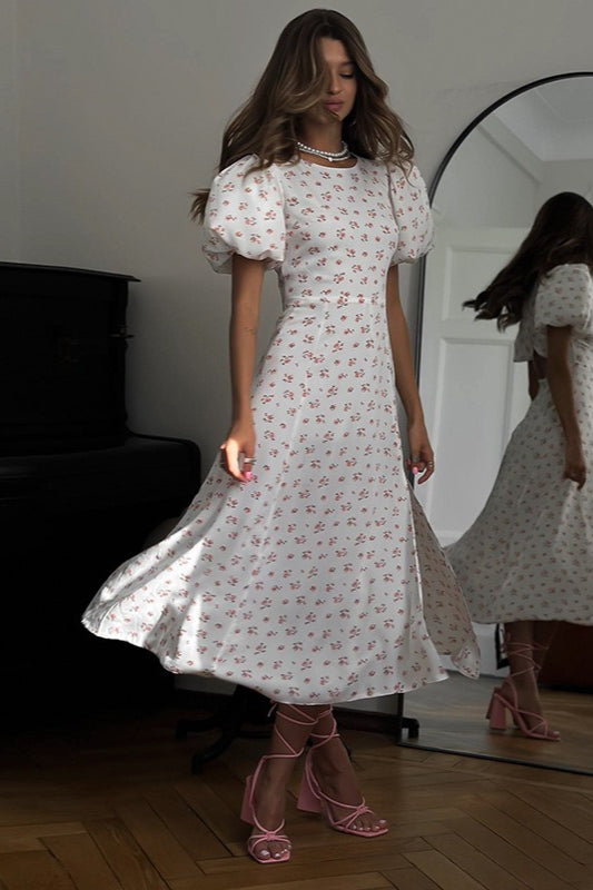 French Style Floral Puff Sleeve Work Dress