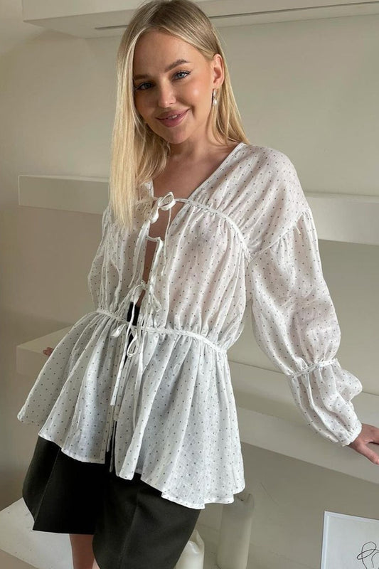 Loose Fit V-Neck Tie Long Sleeve Crop Top