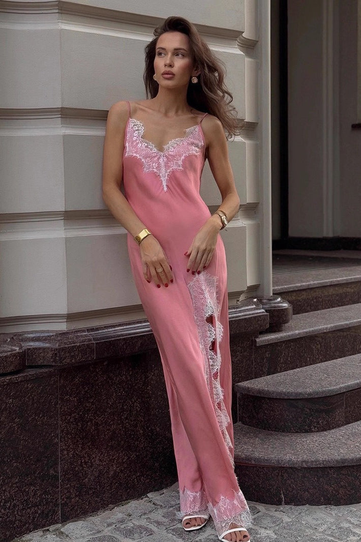 Lace Trim Sexy Silk Dress