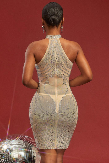 Sexy Halter Mesh Rhinestone Print Bodycon Cocktail Dress