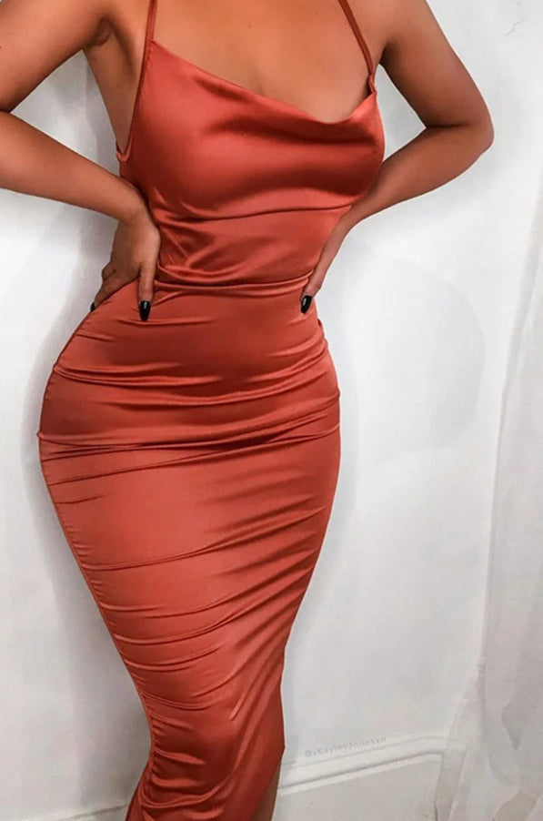 Neon Satin Lace Up Backless Midi Dress
