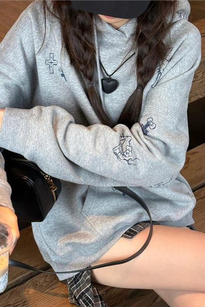 Cartoon Print Grey Hoodie