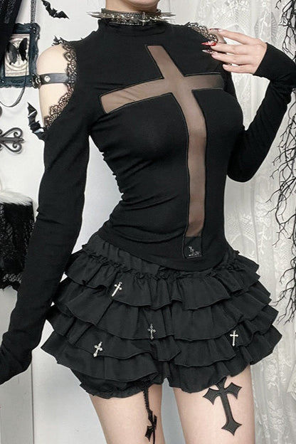 Gothic Cross Sheer Long Sleeve T-Shirt