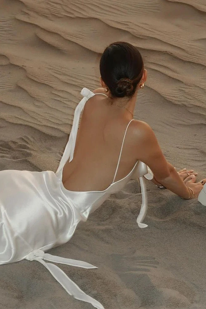 Elegant White Satin Backless Maxi Dress