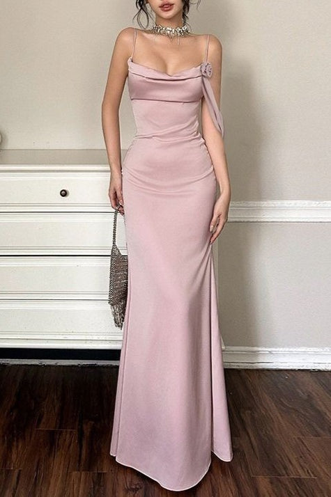 Asymmetrical Neck Satin Cowl Mermaid Gown Silk Dress