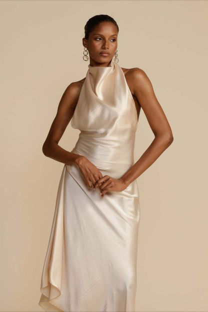 Elegant Solid Long Sleeve V-Neck Satin Lurex Formal Dress