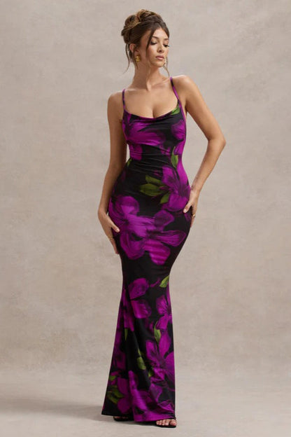 Open-Back Floral Maxi Party Dress