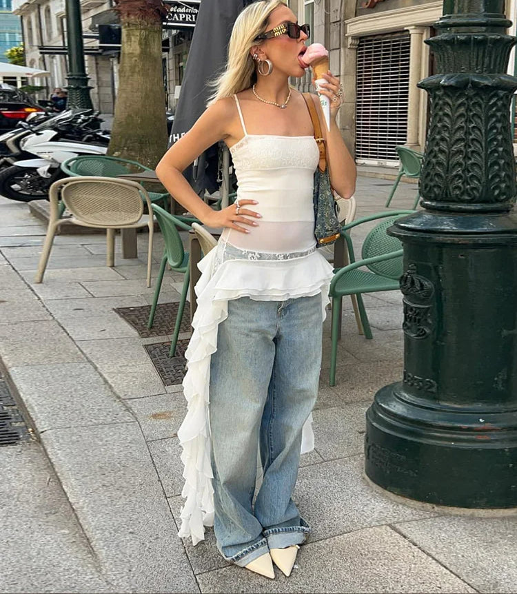 Chic Ruffles Spaghetti Straps Irregular Cami Top