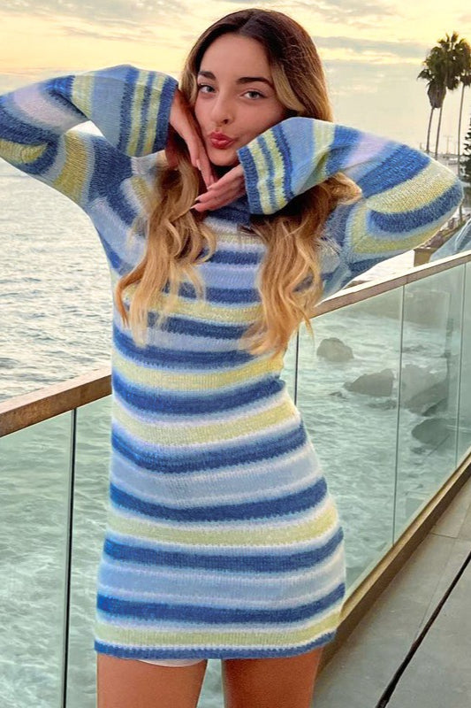 Striped Knit Backless Bell-Sleeve Sweater Dress