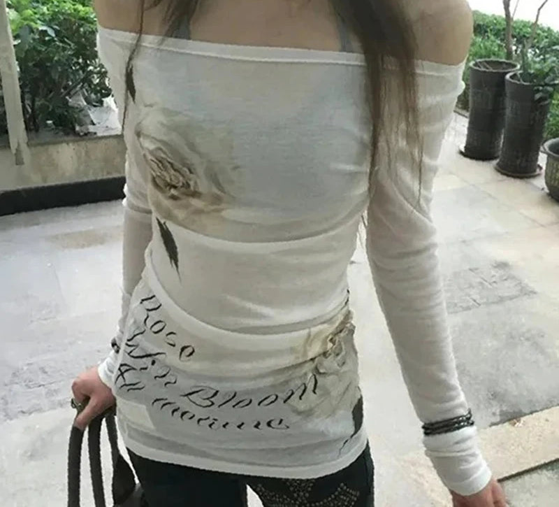 Slash Neck Vintage Print Sheer Top