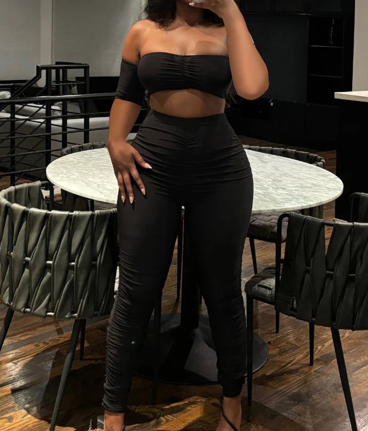 Ruched Off Shoulder Two Piece Pants Set