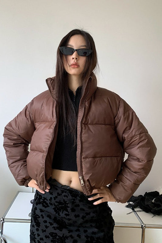 Brown Stand Collar Puffer Coat