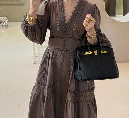 Hollow Lace V-neck Patchwork Maxi Midi Dress