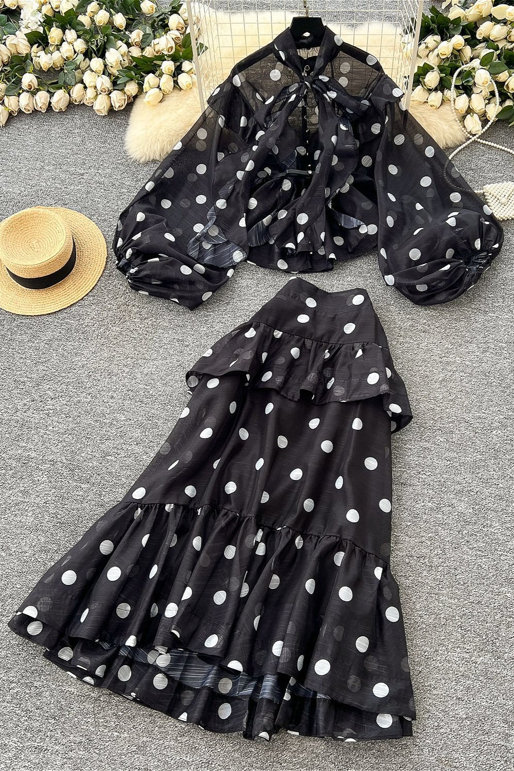 Polka Dot Blouse Mermaid Skirt Set