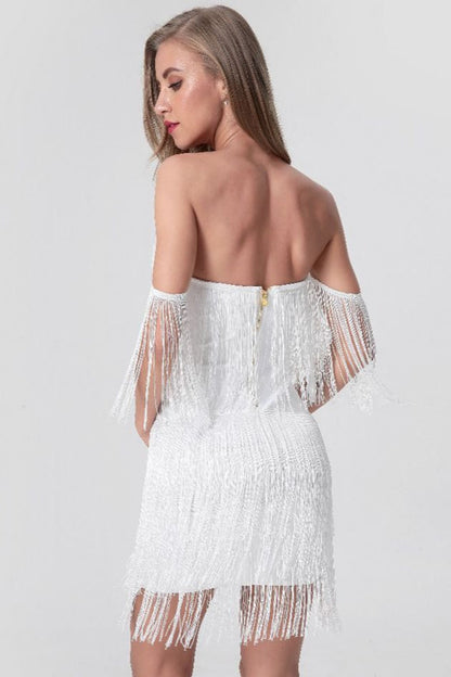 Sexy Strapless V Neck Backless Tassel Bandage Cocktail Dress