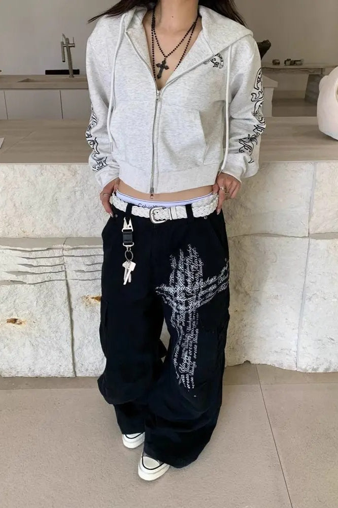 Letter Print Wide-Leg Baggy Jeans