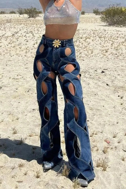 High Waist Patchwork Hollow Jeans