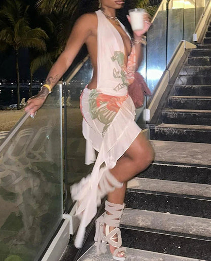 Mesh Print Ribbon Collar Gothic Mini Dress