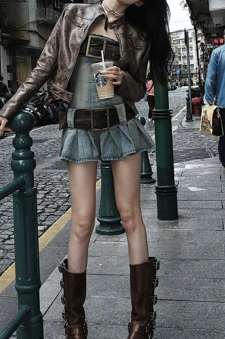 Retro Sexy Belted Denim Dress